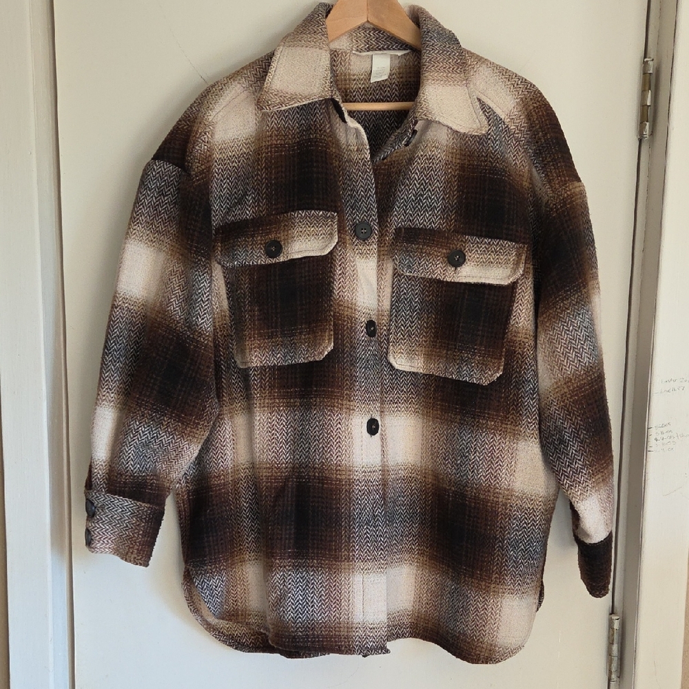 H&M Brown and Cream Wool Plaid Utility Jacket
